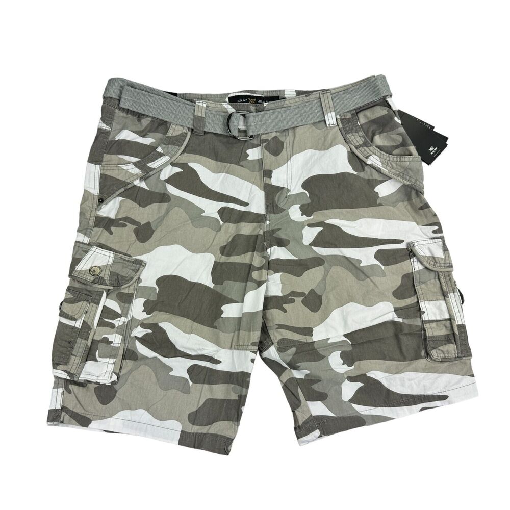 X-Ray Mens Belted D-Ring Camo Cargo Shorts White Gray 44